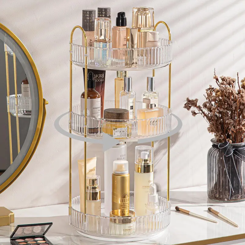 Shuang Qing Organisateur Maquillage Rotatif – Transparent, 3 Étages, Grand Rangement pour Soins et Parfums
