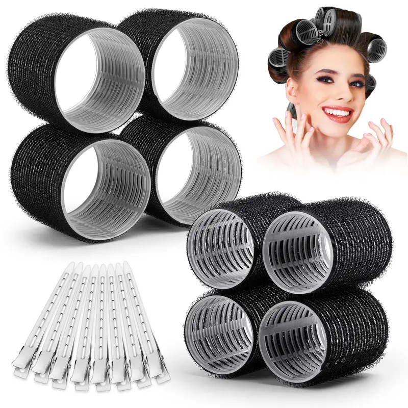 Shynek Rouleaux auto-grip pour cheveux – ensemble 16 pièces (8 rouleaux + 8 pinces), deux tailles, noir