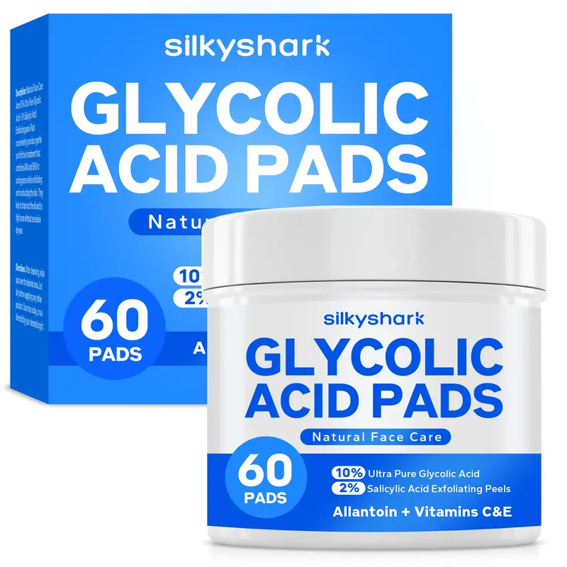 SilkyShark Pads Exfoliants Visage – Glycolique 10% Ultra Pure + 2% Salicylique, 60 cotons
