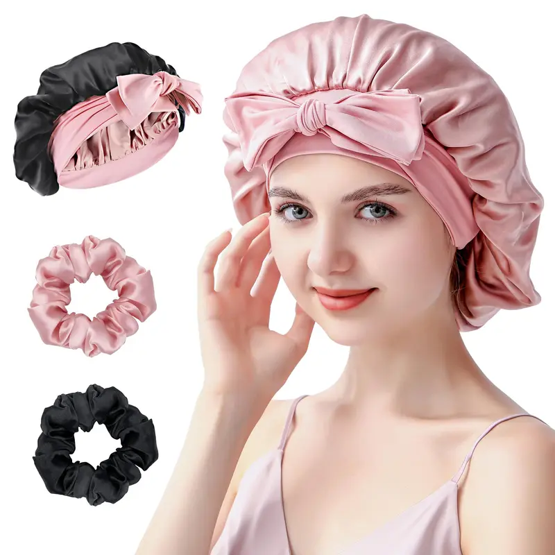 SILMANA Bonnet de Nuit en Soie – 22 Momme, Ensemble avec 2 Chouchous, Réversible – Pour Tous Types de Cheveux – Rose