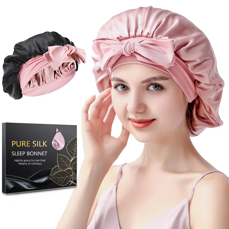 SILMANA Bonnet en soie pour dormir – 22 Momme, 100% Mulberry, Réversible, Rose