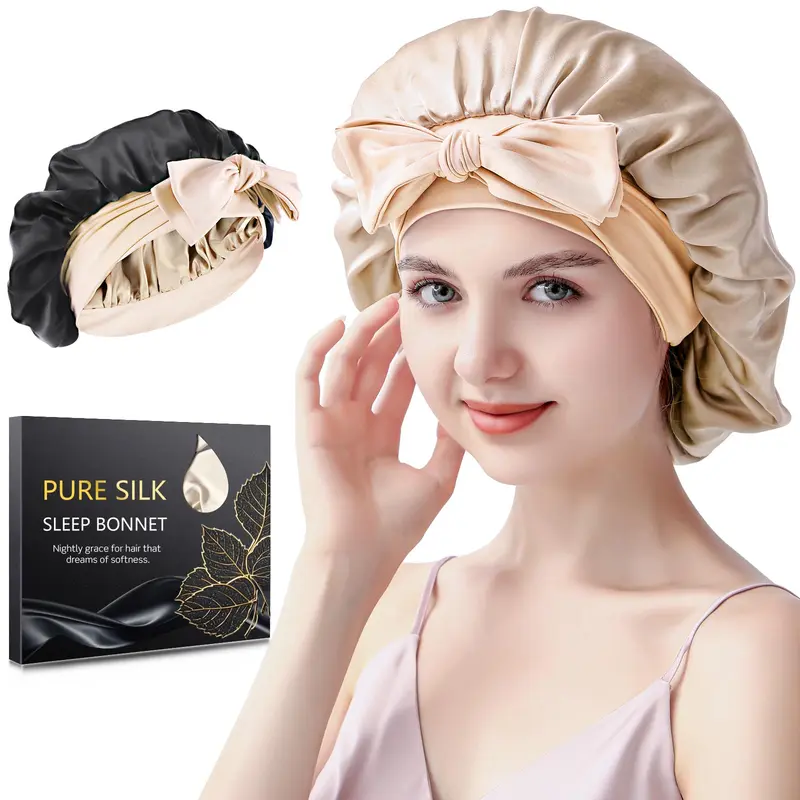SILMANA Bonnet en soie pour dormir – 22 momme, 100% soie de mûrier, doublure réversible – Champagne