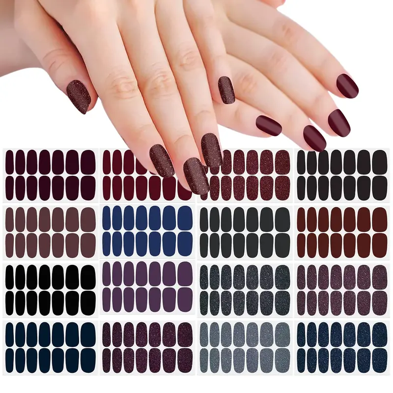 SILPECWEE – 16 feuilles de bandes ongles à couleur solide – adhésives, faciles et sans lampe UV