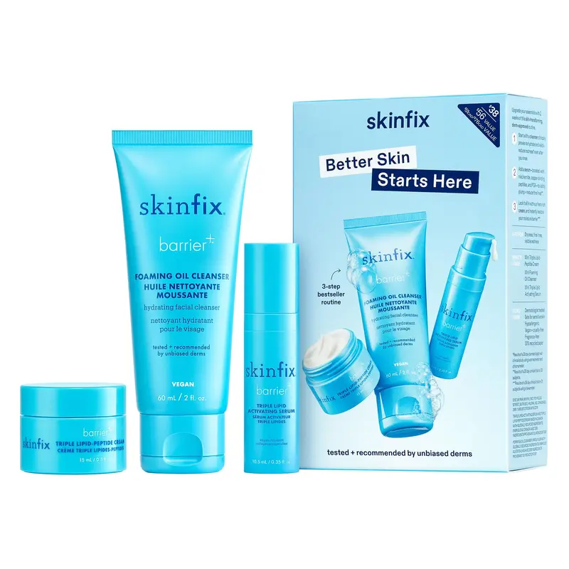 Skinfix Barrier+ Kit – Soin hydratant 3 étapes (mini crème lipide-peptide, mini nettoyant huile-mousse, mini sérum lipid-triple) – Vegan, Cruelty-Free