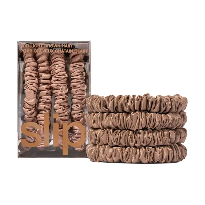 SLIP Chouchous fins en soie – Brun clair, Lot de 4, 100% Soie Mulberry, Anti-Pli