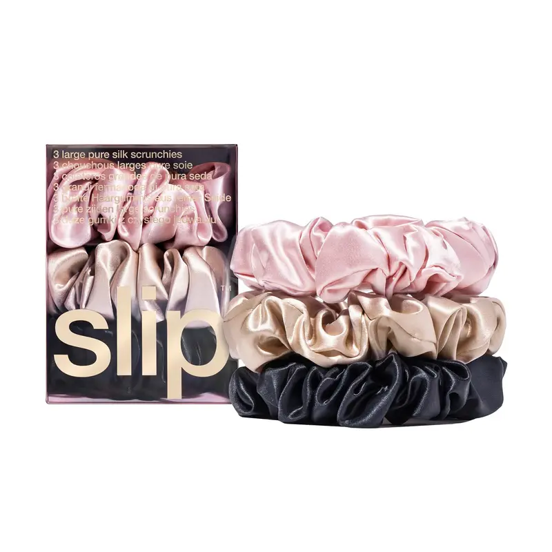SLIP Scrunchies Larges Multicolores — Coffret 3 Attaches Cheveux en Soie 22 Momme (Rose, Caramel, Noir) Douces sur les Cheveux