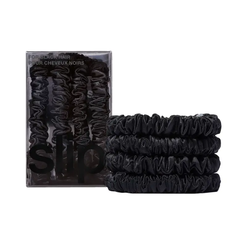 Slip Serre-têtes en Soie Mulberry Noir – Noir | Lot de 4 Serre-têtes Minces 22 Momme | Anti-Plis, Doux pour les Cheveux, Durable