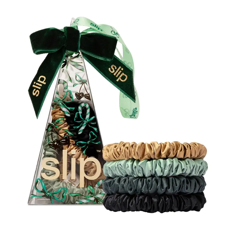 SLIP Skinny Scrunchies Sweetie Pie — 4 scrunchies en soie pure avec étui ornamenté, anti-pli et anti-casse