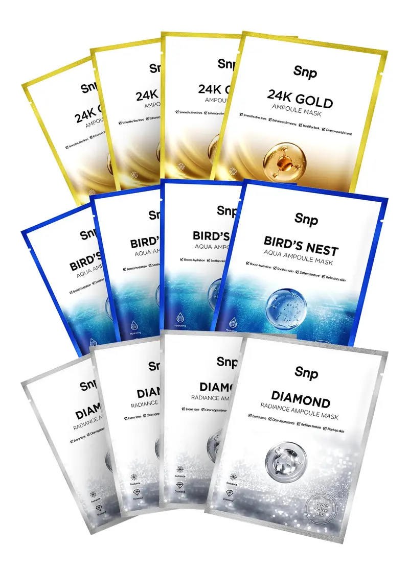 SNP Variety Masques en feuille à ampoule | Nid d'Oiseau, Or 24K et Diamant | Hydratant et Nourrissant pour Peau Sensible | Masques Visage Coréens | 12 Feuilles