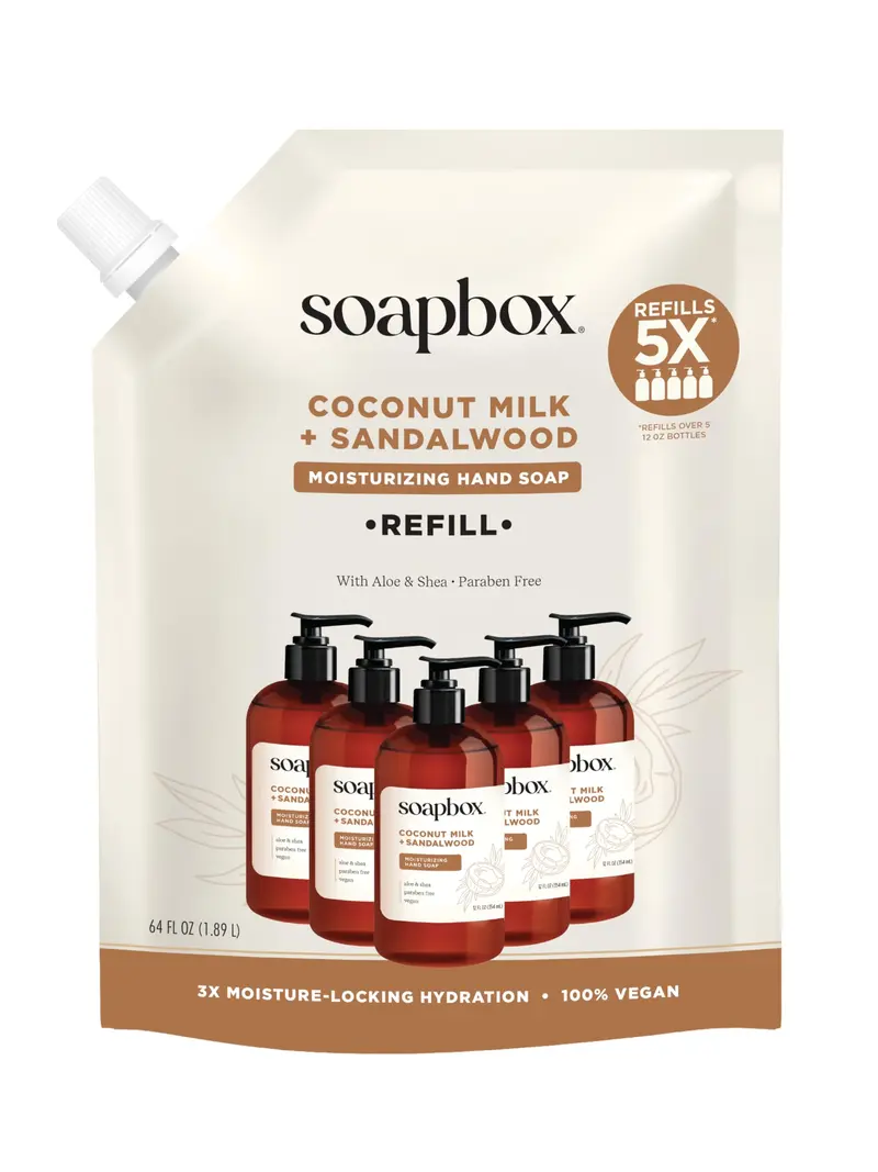 Soapbox Recharge Liquide pour Mains – Lait de Coco et Bois de Santal, Vegan, Sans Parabènes, Hydratant, Naturel, 64 onces liquides (environ 1,9 L) – Pack de 1
