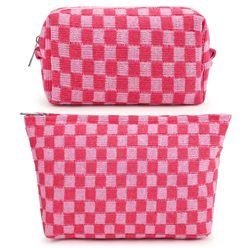 SOIDRAM - Ensemble de 2 Trousse Maquillage Grand Modèle Carreaux Rose-Rouge | Trousse de Voyage Élégante