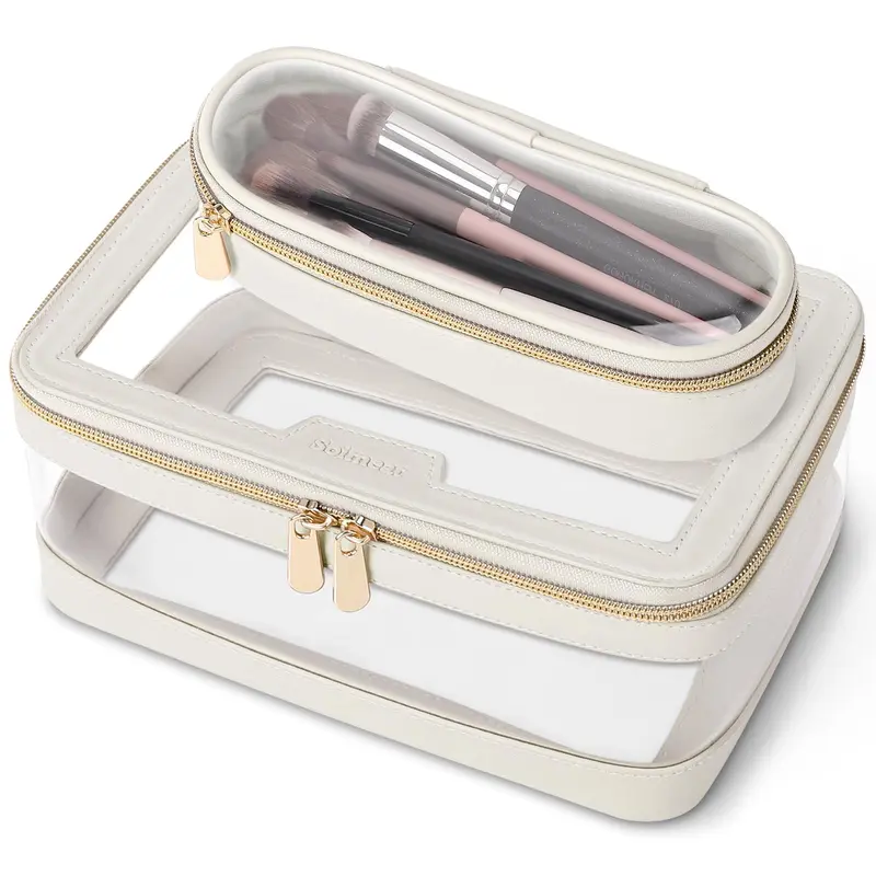 Soimeat Sac Maquillage Transparent de Voyage avec Pochette à Brosses – Étui en Cuir Portable, Trousse de Toilette Ivoire
