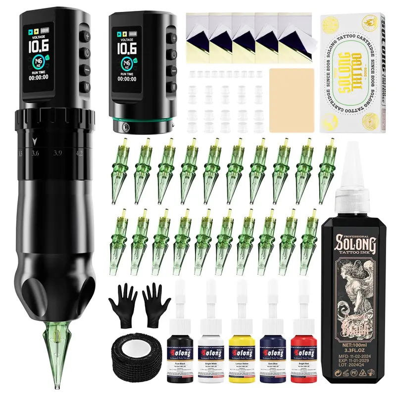 Solong E201 Pro kit tatouage sans fil – machine à tatouer, 7 longueurs de course, 2 batteries 1800mAh, 100 ml d'encre SL-TKE201A-1-US
