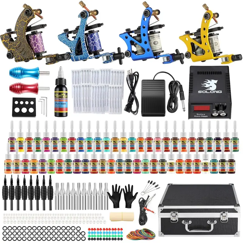 Solong Tattoo Kit Complet – 4 Machines Pro, 54 Encres, Alimentation LCD