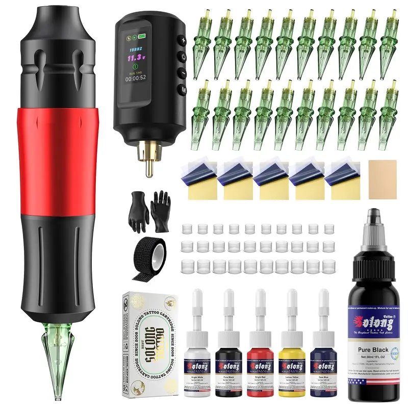 Solong Tattoo Kit Machine à tatouer sans fil — Batterie 1800mAh et écran LED (SL-TKP202A-2)
