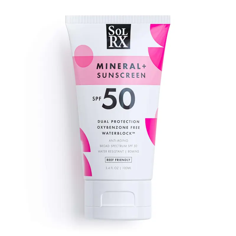 SolRX MINERAL+ SPF 50 – Écran minéral à oxyde de zinc, Reef Safe, UVA/UVB, résistant à l’eau