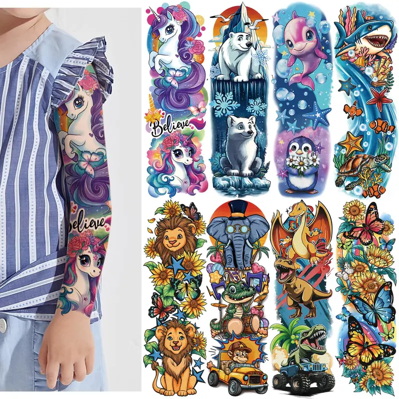 SOOVSY Tatouages temporaires pour bras entier – 52 pièces pour enfants (lion, dinosaure, requin, dauphins, papillon, éléphant)