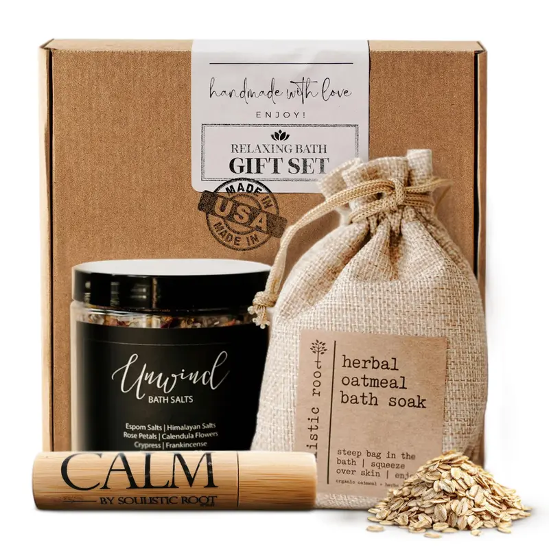 SOULISTIC ROOT Coffret Bain Revitalisant – Ensemble Spa Premium Lavande Avoine, Roll-on Huile Essentielle, Sels Epsom