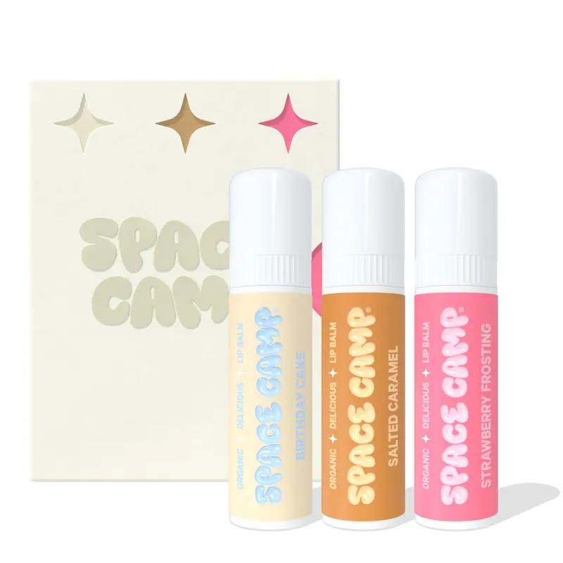 Space Camp Wellness Jumbo Baume à Lèvres – Coffret 3 Baumes Saveurs Gâteau d’Anniversaire, Caramel Salé et Fraise Glaçage