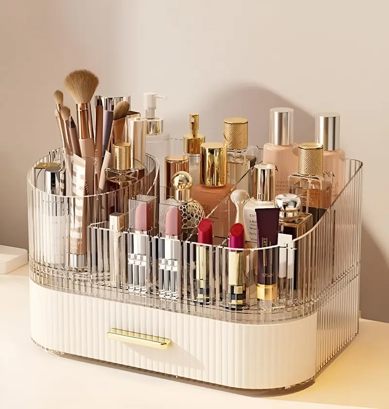 SpaceLuxe Organisateur Maquillage 360° à 3 Niveaux — Grand Rangement pour Coiffeuse (Blanc Crème)