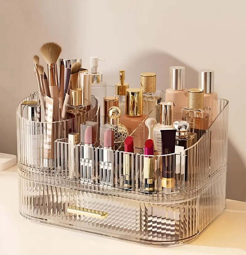 SpaceLuxe Organisateur Maquillage 360° avec Porte-Brosses — Grand Rangement à Deux Tiroirs (Transparent)