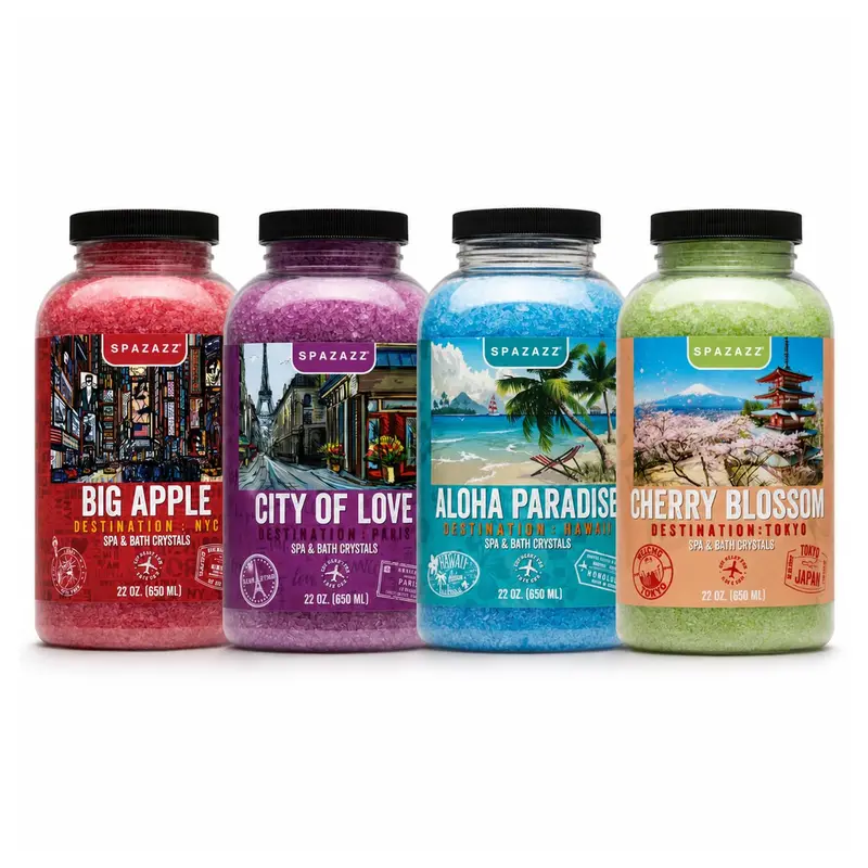 Spazazz Destinations Collection – Sels d’aromathérapie spa Aloha Paradise, Big Apple, City of Love et Cherry Blossom