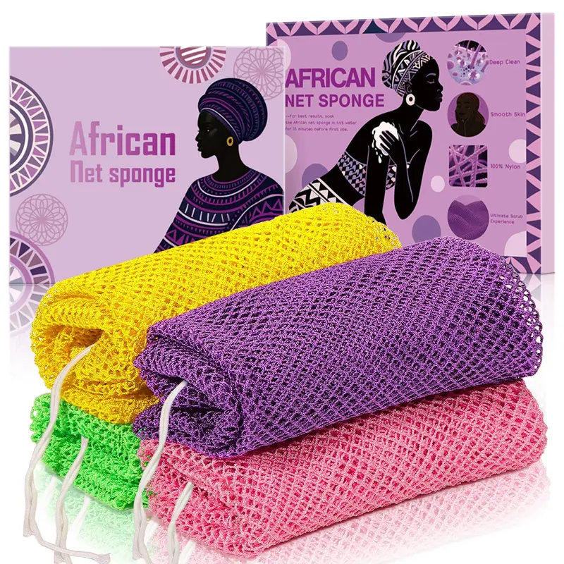 SpiralScgv - Lot de 4 Éponges Réseau Africain Réel pour Exfoliation Douce et Éclat – Nylon Durable, Séchage Rapide
