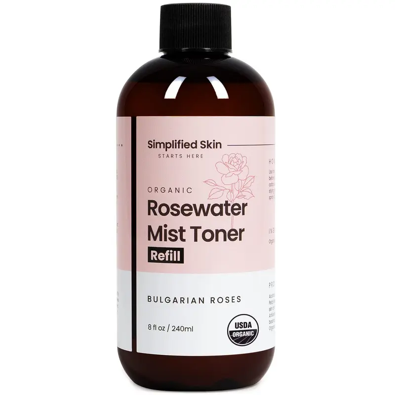 Spray Eau de Rose Simplified Skin — Bio certifié USDA, sans alcool, hydratant visage et cheveux (Recharge) – 8 oz