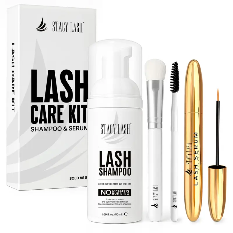 STACY LASH Kit Nettoyage Cils 50 ml – Démaquillant Mousse + Brosse Cils + Sérum Cils 5 ml