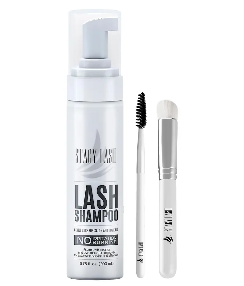 STACY LASH Shampoing extensions cils 200 ml – Nettoyant mousseux doux + Brosse pour cils et extensions