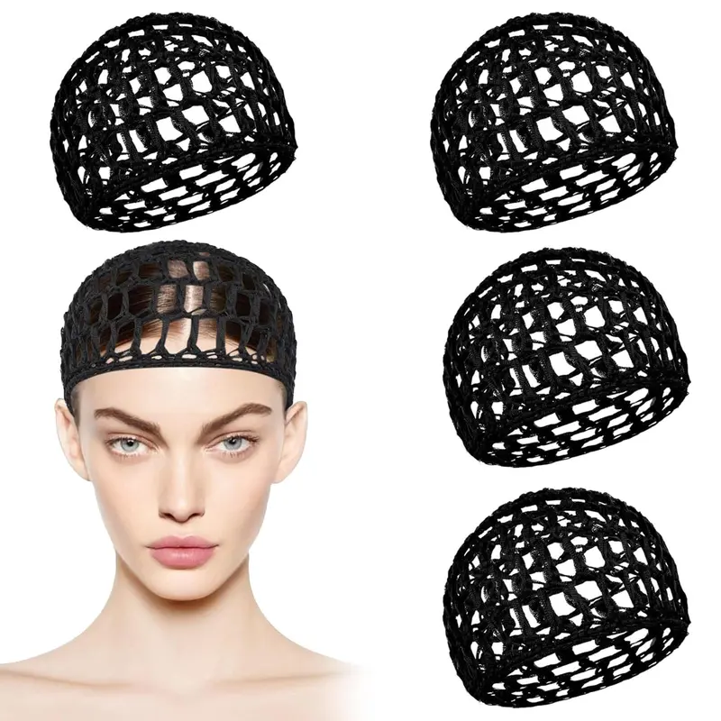 Starfa Lab – Lot de 4 Bonnets Résille Noirs en Crochet pour Dormir et Douche – Couvre-cheveux Réutilisables