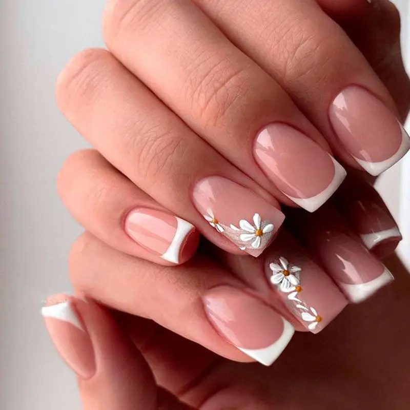 Stbisen Ongles Press On Nude Court Carré – French Tip Blanc & Daisy 3D, Gel Brillant, Kit 24 Pièces