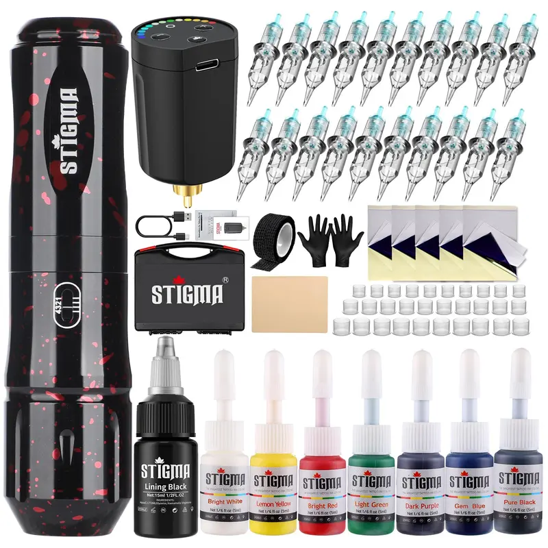 STIGMA Kit Tatouage Sans Fil Pro — Stylo Tattoo, Batterie 1400 mAh, 20 Aiguilles, Étui et Encres