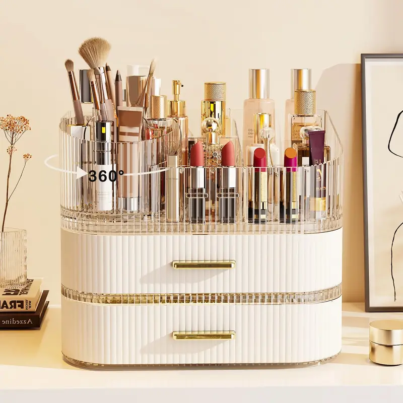 STORICANS – Organisateur Maquillage avec Rotation 360°, Empilable (1 Plateau + 2 Tiroirs)