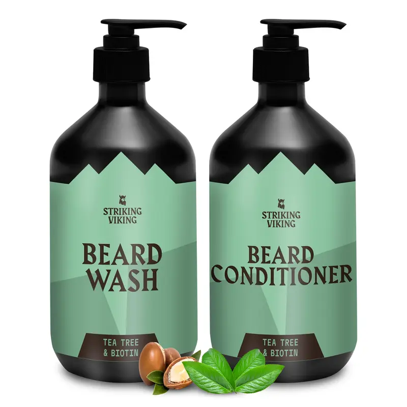 Striking Viking Lavage et Conditionneur Barbe Tea Tree & Biotine – Sans Parabènes ni Sulfates (10 oz)