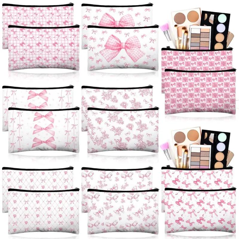 Stuffygreenus - Lot de 16 pochettes cosmétiques rose à nœuds et motifs fleuris