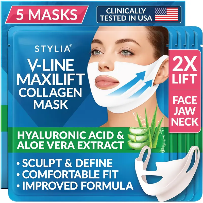 Stylia MaxiLift V-Line – Masque Lifting Collagène, Bandeau Double Menton, Raffermissement du Cou – Nuit (5PC)