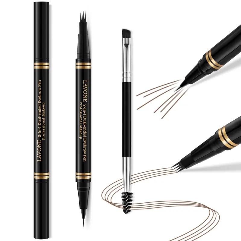 Stylo Sourcils LAVONE 2-en-1 Waterproof – Microblade 4 Points, Finition Poil à Poil Naturelle (Brun Foncé)