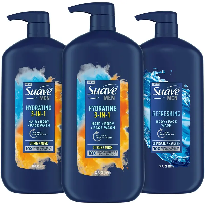 Suave Men Pack Essentiels Douche – Hydratant 3-en-1 et Gel Rafraîchissant, 30 oz chacun (3-pack)