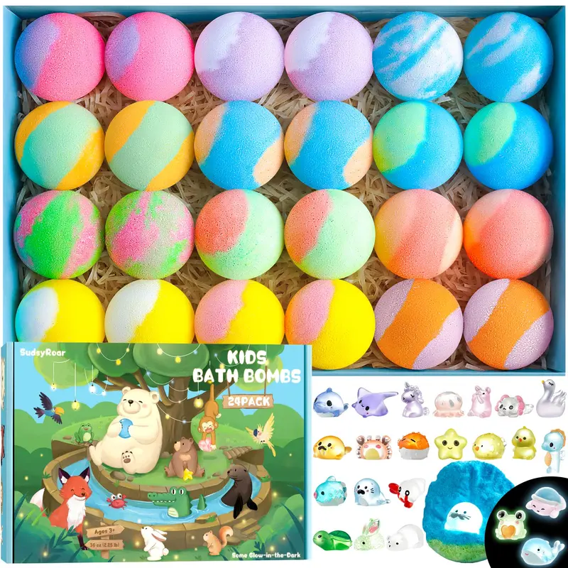 SudsyRoar Boules de Bain Enfants – 24 Pièces avec Surprises et Jouets Lumineux Terre et Mer