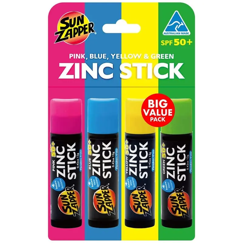 Sun Zapper Stick Solaire Zinc Oxide SPF 50+ Teinté – Lot 4 Bâtons Teintés (Rose, Bleu, Vert, Jaune) – Étanche, UVA/UVB – Fabriqué en Australie