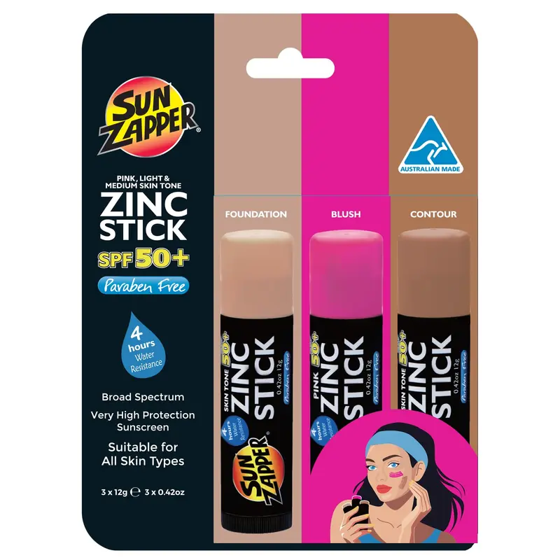 Sun Zapper Stick SPF50+ Teinté – Lot de 3 (clair, foncé, rose) – Stick Solaire 3-en-1, Résistant à l'eau – Fabriqué en Australie