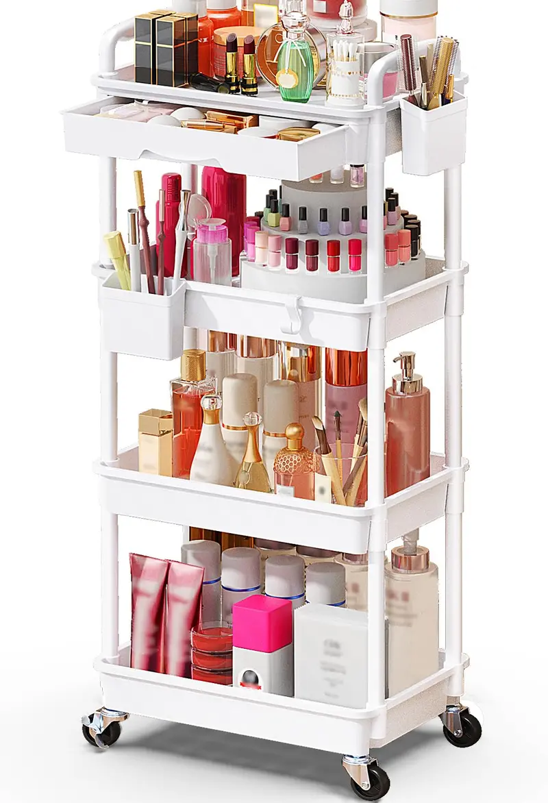 SUNALLY Chariot maquillage 4 niveaux avec tiroirs — rangement sur roulettes pour vanity (blanc)