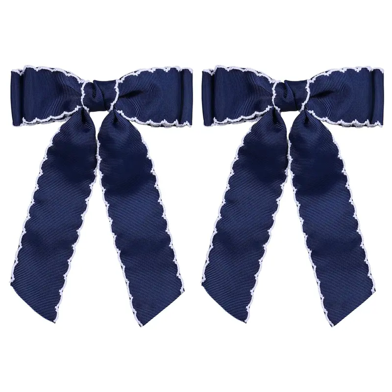 SUPCLIPS – Barrettes Nœud 5 pouces, Ruban Grosgrain Bleu Marine et Blanc, Fait Main avec Pinces Crocodile