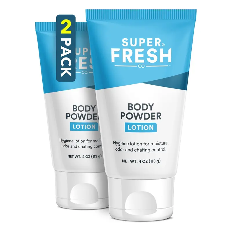 Super Fresh Co. Lotion-Poudre Sans Talc – Anti-Frottement et Déodorante, 2 Tubes de 120 ml