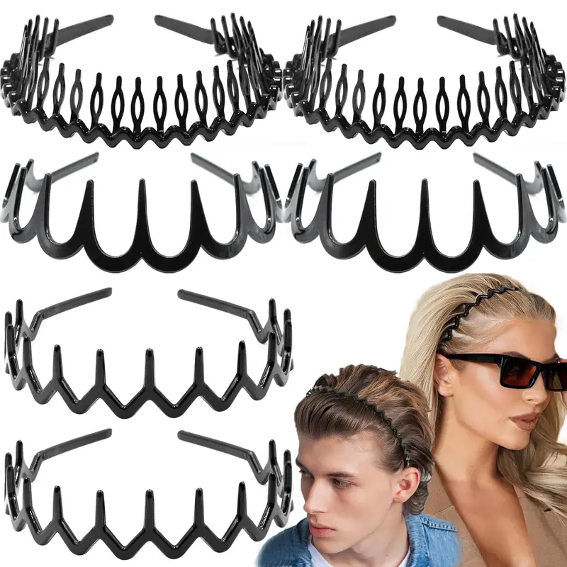 Supgoodom 6 pièces Serre-tête Zig Zag en plastique avec dents – noir brillant