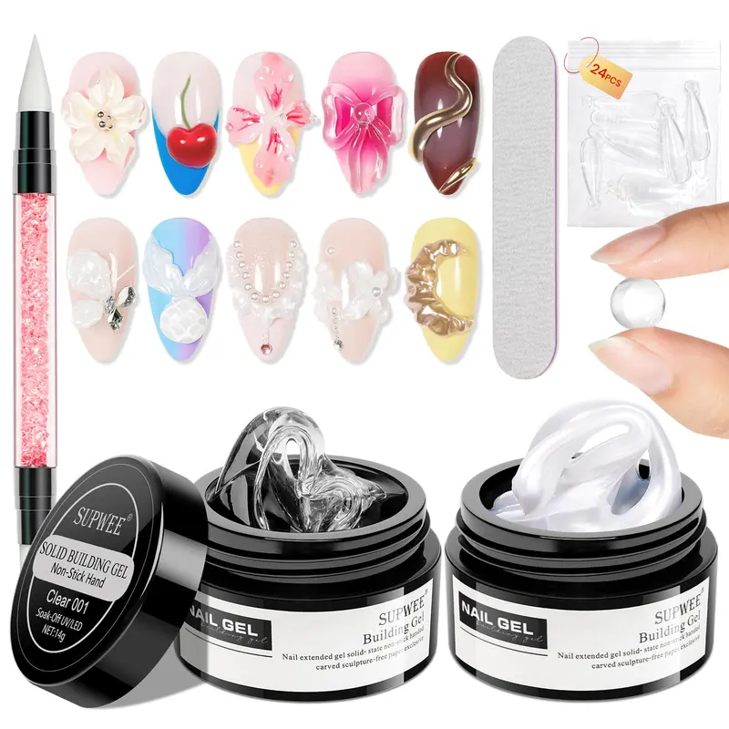 SUPWEE Gel d’extension clair et perle blanc – 3D Nail Art, stylo silicone, kit maison