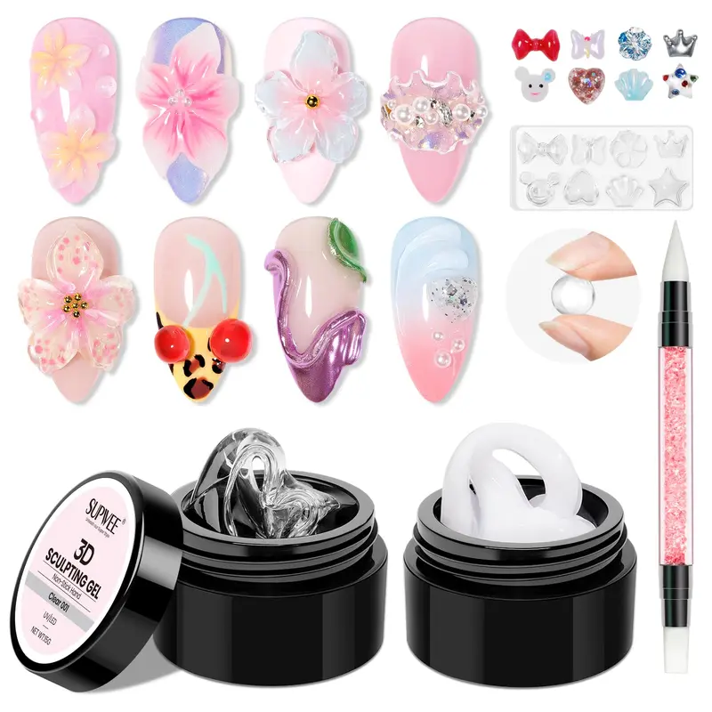 SUPWEE Gel Sculptant 3D pour Ongles – Gels Transparent et Blanc, Stylo Silicone et Moules pour Sculptures à Domicile