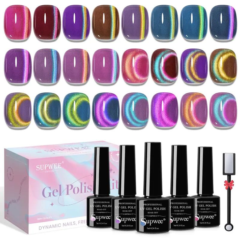 SUPWEE Vernis Gel Cat Eye – 12 Couleurs Magnétiques, Fini Ultra Brillant, Séchage à la Lampe UV, Vegan et Non Toxique