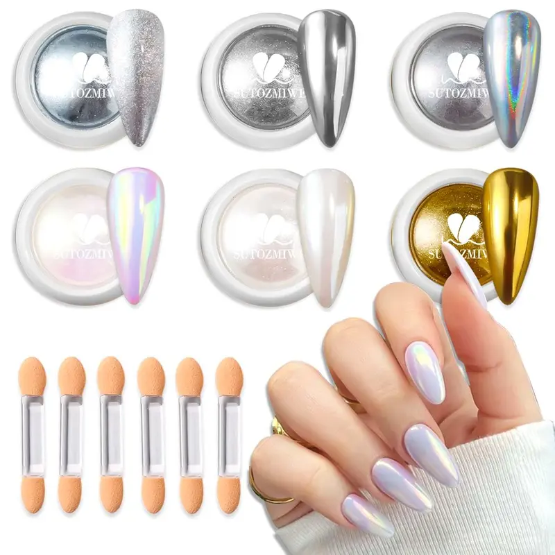 SUTOZMIWE Poudre Chrome Ongles – 6 Couleurs Or Argent, Effet Miroir Métallique